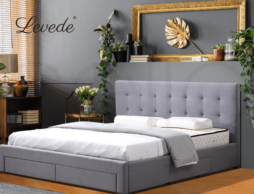 Bed Frame Base With Storage Drawer Mattress Wooden Fabric Queen Dark Grey - image31